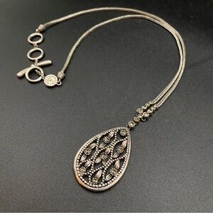 Vintage Signed Monet Teardrop Floral and Marcasite Pendant Necklace